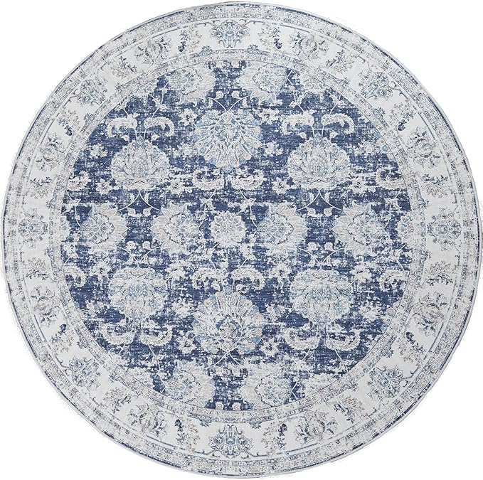 jinchan Round Rug 5ft Area Rugs Vintage Floral Distressed Design - Machine Washable Non-Slip Low-Pile Ultra-Thin Circle Rug for Entryway Bedside Living Room Dining Room Bedroom (5' Round,Dark Blue)