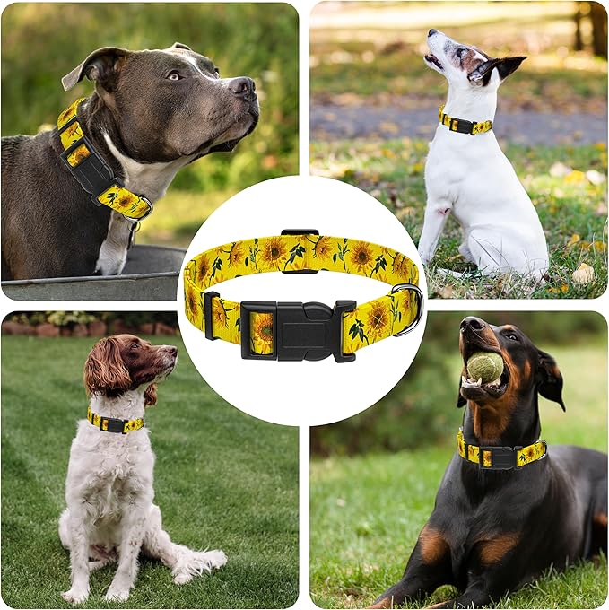 Dog Collar, Floral Puppy Collar for Small Medium Large Dogs, Adjustable Soft Sunflower Pet Collar With Safety Buckle for Males Females (Yellow, L)