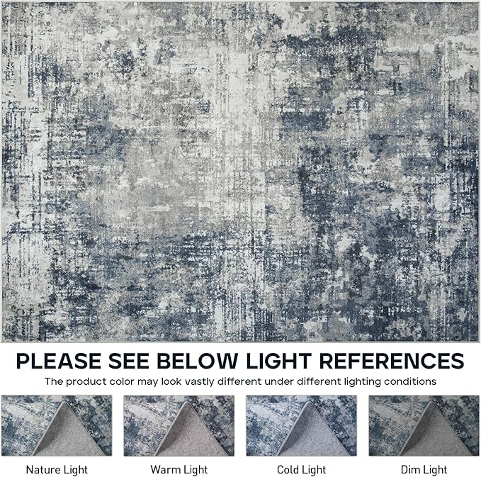 Runner Rug for Hallways Kitchen 2'6"x8' Washable, Non Slip Carpet 8ft Area Rugs Entryway Rubber Backed 8 Feet Neutral Abstract Modern Low Pile Indoor Blue Grey