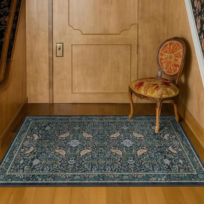 Washable Floral Small 2x3 Dark Blue Entryway Rugs Indoor, Botanical Bird