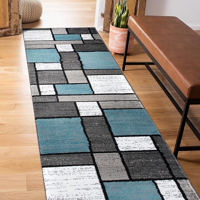 Rugshop Contemporary Modern Boxes for Home Office,Living Room,Bedroom,Kitchen Non Shedding Runner Rug 2'7" x 6' Blue