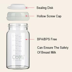 COMI Wide Neck Glass Breastmilk Collection n Storage Bottle, 4 Packs, 6oz with Screw Ring Sealing Disk; Re-markable Sealing Disc. BPA Free, Fits Breast Pumps & Nipples (4 Gray Lids)