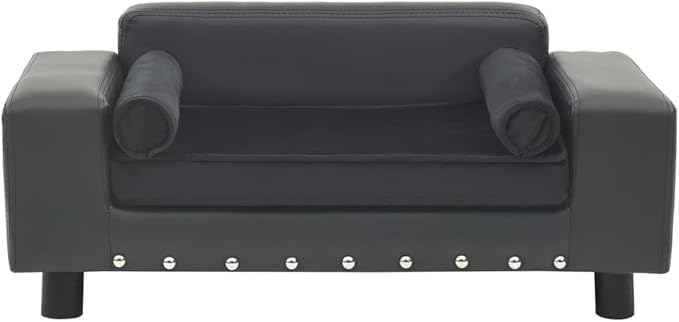 Modern Dog Sofa for Small Medium Dogs, Dark Grey Faux Leather Pet Bed with Plush Cushion, Durable Solid Wood Frame, Rectangular Indoor Cat Bed Lounge