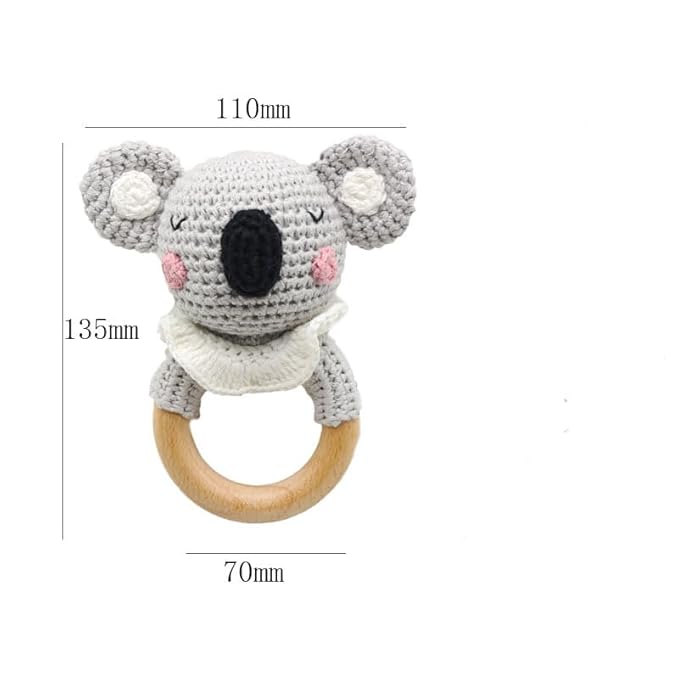 Wooden Baby Rattle for Newborn Toddler Soothing Handmade Crochet Ring Toys (Light Gray Koala)