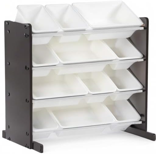 Humble Crew Kids Toy Storage Organizer with 12 Plastic Bins, Espresso/White – Removable Bins for Playroom, Bedroom, Toddler Furniture for Boys and Girls Ages