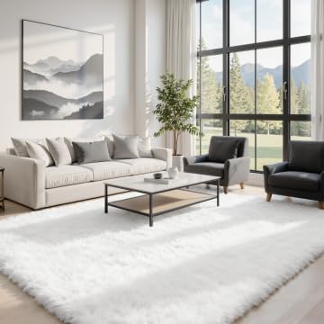 5x8 Area Rugs for Living Room: Soft Fluffy Shag White Rugs for Bedroom