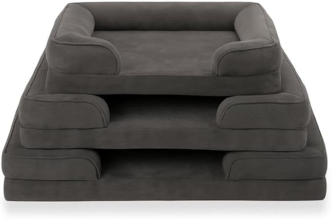 Gray Corduroy Orthopedic Dog Bed with Bolster – Memory Foam, Washable Removable Cover, Non-Slip Bottom (Small)