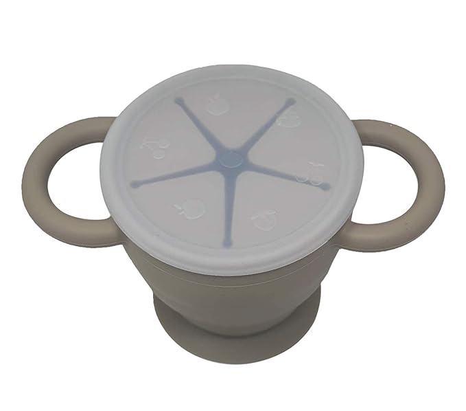 BraveJusticeKidsCo | Snack Attack II Snack Cup | Collapsible Silicone Snack Container | Toddler and Baby Snack Catcher Lid (Fog)