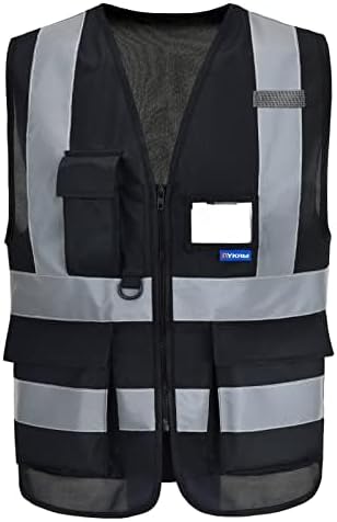 A-SAFETY 7 Pockets Hi Viz Zipper Front Working Safety Vest with Reflective Strips, Multiple Colors Available, Black S
