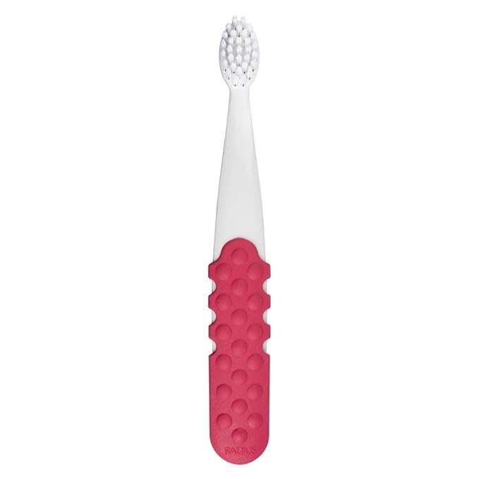 RADIUS Toddler Toothbrush & Toothpaste Bundle for Kids, 2 Pack Totz Plus Silky Soft Brush in White/Coral & Cool Grey/Amethyst Purple and 1 Count Dragon Fruit Toothpaste, for Children 18 Months & Up