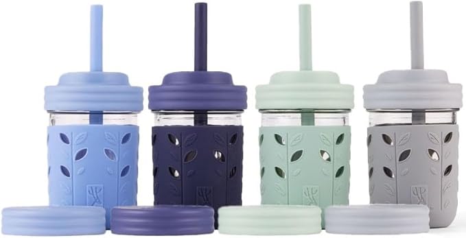 Elk and Friends Kids & Toddler Cups | The Original Glass Mason jars 8 oz with Silicone Straws with Stoppers | Smoothie Cups | Spill Proof Sippy Cups for Toddlers | 4 Pack
