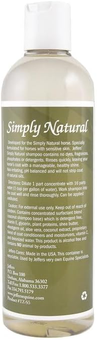 Jeffers Equine Simply Natural Horse Shampoo – pH Balanced, Sulfate Free Wash for Horses, Ponies & Foals – Detergent Free – Fresh Grooming Supply for Summer, Outdoor, Indoor Use – 16 oz