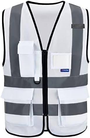 A-SAFETY Hi Reflective Safety Vest,Hi Vis Bright Neon Colors Safety Vest with 4 Reflective Strips 7 Pockets(White XXL)