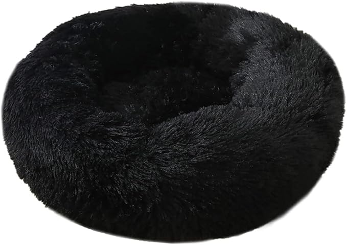 Calming Faux Fur Dog Beds Calming Donut Cuddler Dog Bed Washable Round Cat Bed Pillow Cuddler Fluffy Indoor Dog Calming Beds with Anti Slip Bottom Solid Color Black 20 Inch