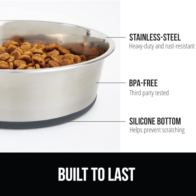 GORILLA GRIP Dog Bowls, Holds 4 Cups Each (32 fl oz), Heavy Duty Stainless Steel Food and Water Bowl for Feeding Dogs and Cats, Dishwasher Safe, Rust Resistant, BPA Free Rubber Base, Set of 2 Gray