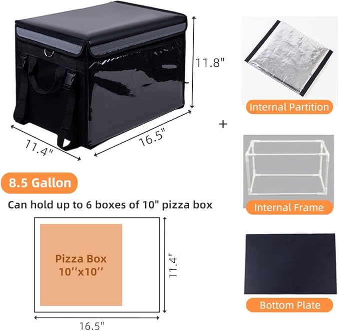 TooCust Insulated Bags For Food Delivery 16.5" x 11.4" x 11.8", Commercial Insulated Food Delivery Bag w/Divider, Waterproof & Foldable Catering Bag Food Deliveries, Delivery Pizza Bags 10 Inches