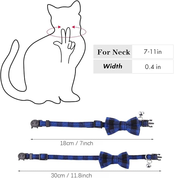 Blue Plaid Bow Dog Collar with Bell, Breakaway Cat Bell Collar with Bowtie Christmas Puppy Collars Boy for XXS Xs Small Tiny Little Pet Dogs Male Kitten, for Hoilday Birthday Party