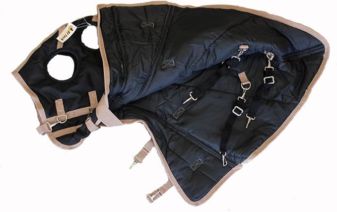 AJ Tack 1200D Waterproof Winter Horse Blanket with Hood - 400g Heavyweight Turnout with Fleece Collar, Shoulder Gussets & Tail Flap - Black 72"