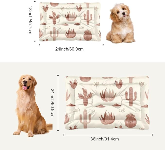 Beige Brown Cute Cactus Dogs Bed Dog Crate Mat Washable Bed Pad Crate for Dogs Washable Non-Slip Pet for Small Dog Beds Pet& Mat Tapete para Perros Indoor Outdoor 24X18 Inch