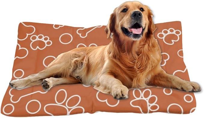 Orange Paw Print Bone Fuzzy Dog Bed Pet Bed Mats Pet Padssoft Dog Crate Beds for Small Dogs Crate Washable Non-Slip Doggie Beds Outdoor Mat Dogs Tapete para Perros Indoor Outdoor 24X18 Inch