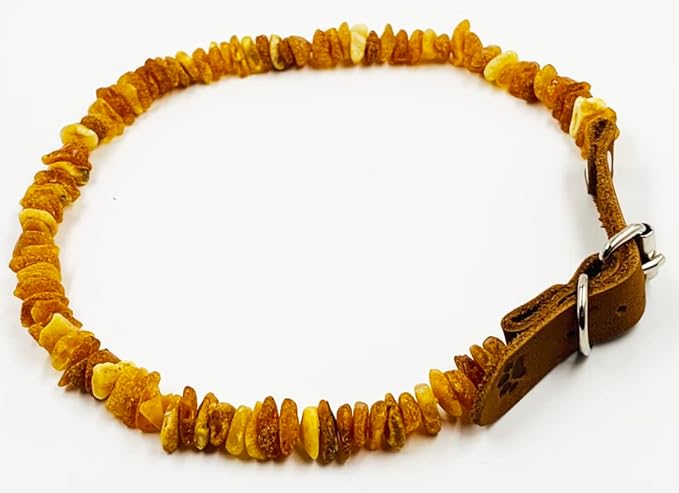 Amber Collars for Dogs & Cats - Baltic Amber Dog & Cat Collar with Adjustable Leather Strap - Raw Knotted Amber Beads (20-25cm)