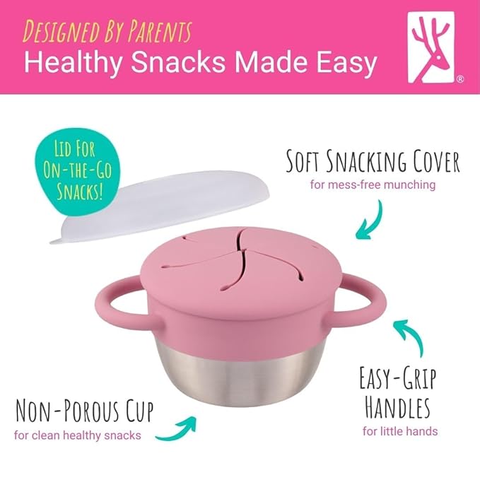Elk and Friends Stainless Steel Snack Cups | Removable Silicone Food Catcher and Travel Lid | Spill-Proof Snack Containers for Baby, Toddler, Kids | Dishwasher Safe | 2 Pack