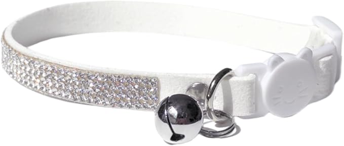 Rhinestone Cat Collar Breakaway with Bell Safety Buckle, Adjustable Diamond Girl Boy Kitty Cute Comfy Collar for Kitten Tiny Little Pets Rabbits, 6"-9" White Extra Small