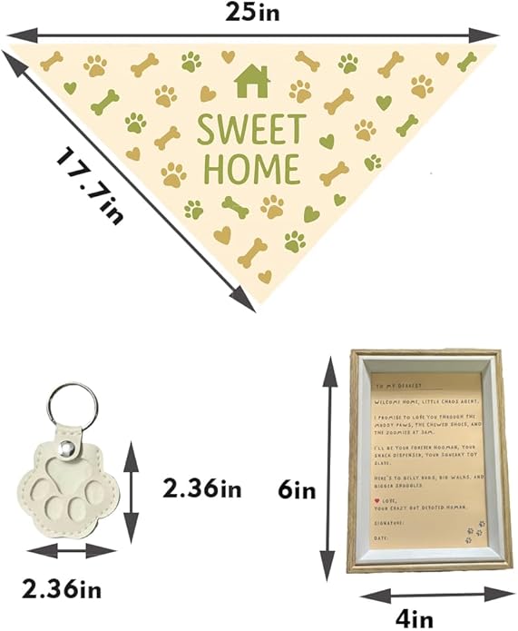 Sweet Home Pet Welcome Gift Box for New Dog Owners, Keepsake Set with Bandana, Paw Print Name Tag, Promise Card & Photo Frame, Thoughtful Gift for Puppy Adoption