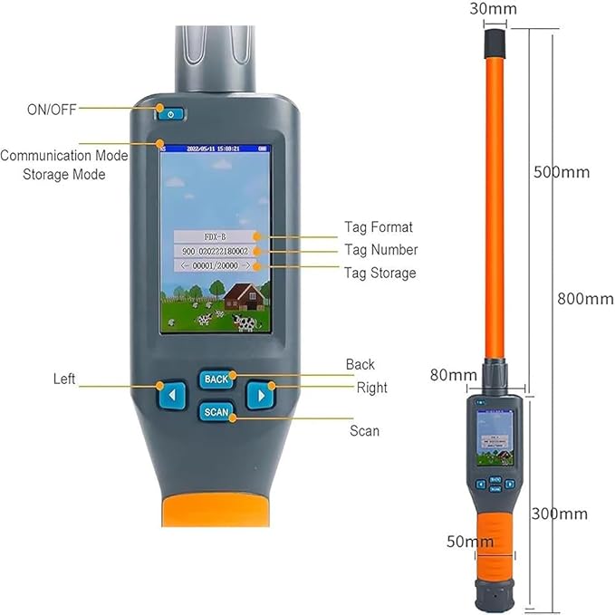 Pet Microchip Scanner Reader, Handheld Universal RFID Tag Identifier Animal Ear Tag Stick Scanner with Bright 480x320 LCD Display, Store Up to 20000 Datas,for FDX-B, FDX-A, HDX ISO11784/85
