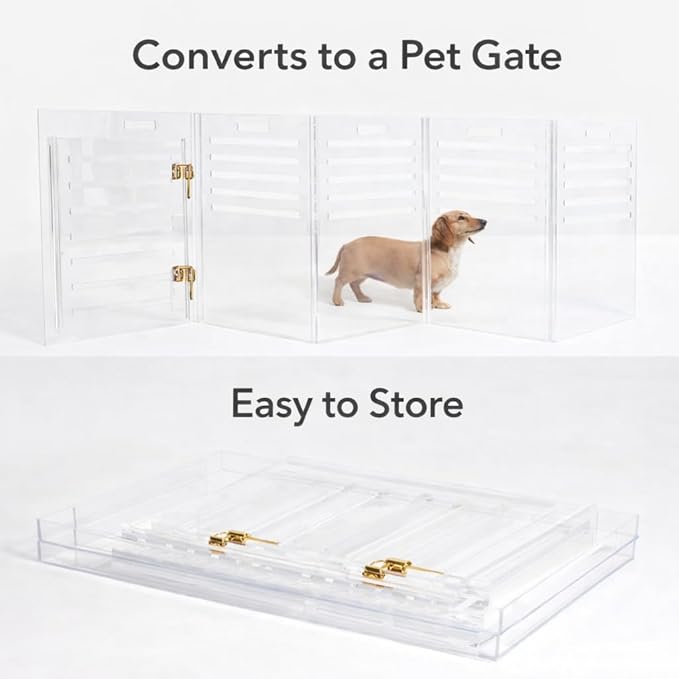 Clear Acrylic Small Dog Crate Furniture with Charcoal Cushion for Small Dogs up to 22 lbs, 3 in 1 Pet Crate and Gate, Modern Furniture Style Indoor Kennel, Dual Gold Latch, 16 x 24 x 18 in