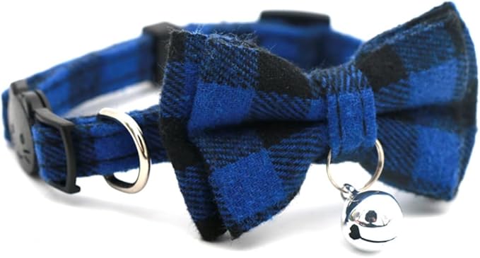 Blue Plaid Bow Dog Collar with Bell, Breakaway Cat Bell Collar with Bowtie Christmas Puppy Collars Boy for XXS Xs Small Tiny Little Pet Dogs Male Kitten, for Hoilday Birthday Party