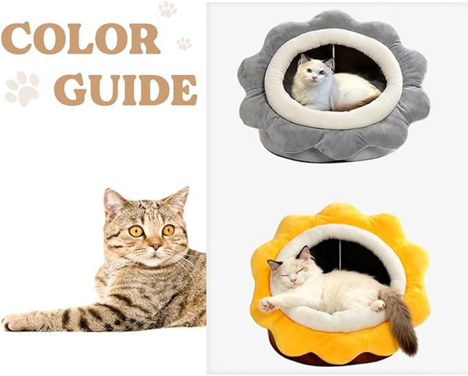 Cat Beds for Indoor Cats - Sun flower-shaped Cat Cave Bed with Hanging Toy,Super Soft Calming Pet Bed for Kitten&puppy,Small Dog,Warm Plush&Machine Washable&Removable Cotton Pad,cat Hideaway(Brown L)