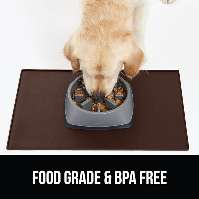 GORILLA GRIP 100% Waterproof Raised Edge BPA Free Silicone Pet Feeding Mat, Dog Cat Food Mats Contain Spills Protects Floors, Placemats for Cats and Dogs Water Bowl, Pets Accessories 28x18 Brown
