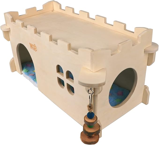 Castle Chinchilla House, Small Animal Hideout for Chinchilla, Guinea Pig, Hedgehog, or Rat, Ventilated Wooden Guinea Pig Hut Habitat with Multiple Doors (Large)