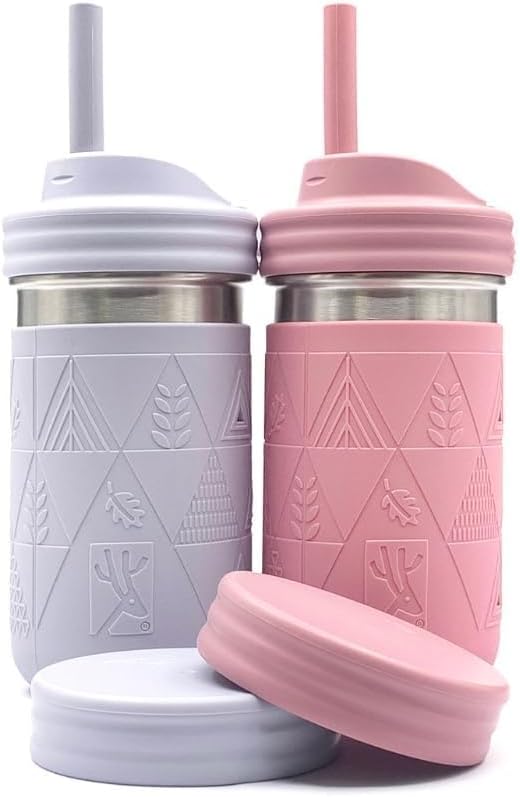 Elk and Friends 14oz Stainless Steel Kids + Toddler Drinking Cups | The Original Mason Jars with Lids + Sleeves + Straws | Smoothie Cups | Spill Resistant | Dishwasher Safe | 2 Pack