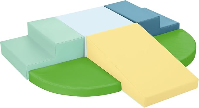 6-Piece Soft PU Leather Toddlers Climbing Toys, Baby Foam Climbing Blocks for Toddlers 3, Foam Play Gym Climbing Structures, Indoor Climb and Crawl Activity Play Set (Light Blue and Green)
