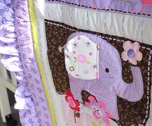 Brandream Crib Bedding Set 3 Pieces Purple Baby Girls Cotton Patchwork Flowers Elephant Owl Nursery with Ruffle Design, Princess Lovely Cute Breathable Healthy