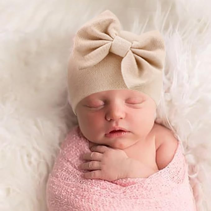BQUBO Newborn Baby Hats Mittens Set Hospital Hat Beanie Infant Bow Hats Baby Gloves No Scratch Mittens for 0-6 Months