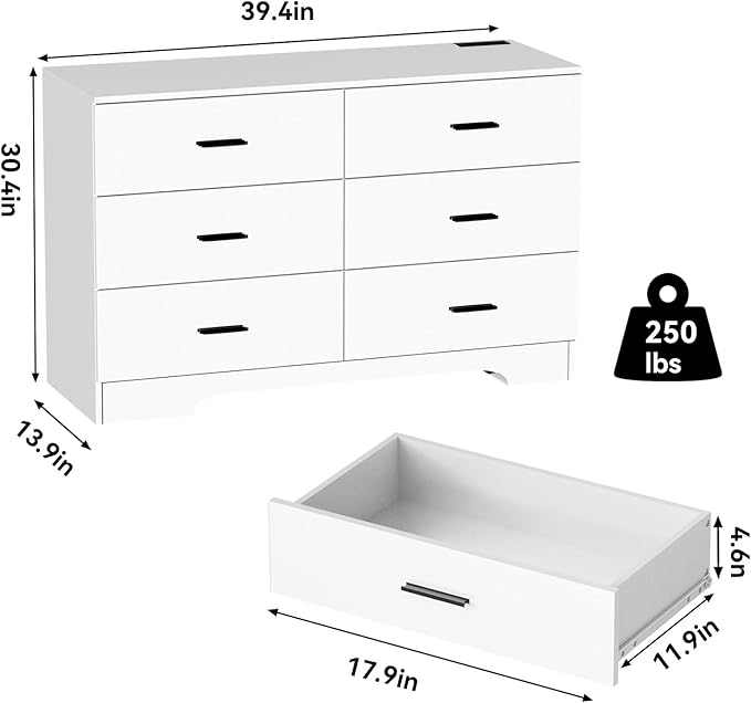 Dresser with Power Outlets Wooden 6 Drawer Dresser with USB and Type C Port Chest of Drawers for Bedroom Tall White Storage Organizer for Living Room Hallway Closet