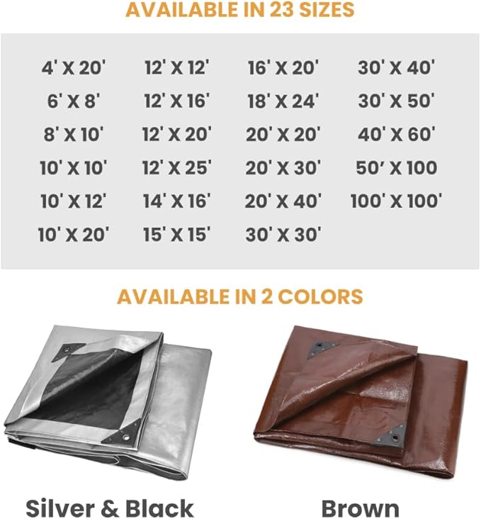 WHITEDUCK Super Heavy Duty Poly Tarp Cover 16 Mil & 10 Mil with Grommets and Reinforced Edges (Brown, White & Silver Black) (Brown- 16 Mil, 4' x 20')