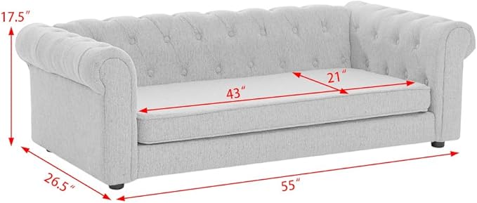 55" Elevated Dog Sofa Couch for Large and Oversized Dogs, Comfortable Linen Fabric Pet Bed with Thick Cushion, Durable Raised Dog Couch with Tufted Armrests, Stylish Modern Pet Furniture