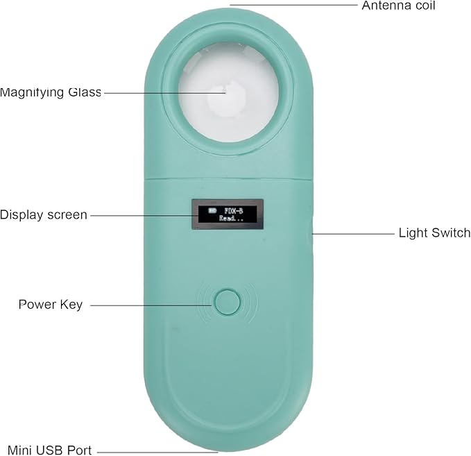 Low Frequency Animal Chip Scanner with Magnifying Glass and LED Light - Lightweight for Pet Identification - 30 Sets Data Storage