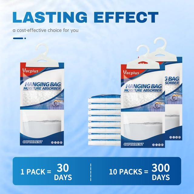Vacplus Moisture Absorbers Packets, Fragrance Free 10 Pack, Humidity Packs, Dessicant Packets, Hanging Closet Dehumidifier Bags, Odor Eliminator for Bathroom 9.8OZ