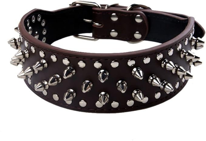 Serijoars Spiked Studded Dog Collar, PU Leather Dog Collar, Adjustable Pet Collars for Medium or Large Breed Pet (L, Dark Brown)