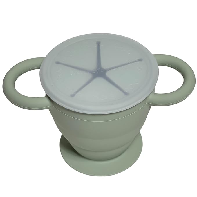 BraveJusticeKidsCo. | Snack Attack II Snack Cup | Collapsible Silicone Snack Container | Toddler and Baby Snack Catcher Lid (Desert Sage)