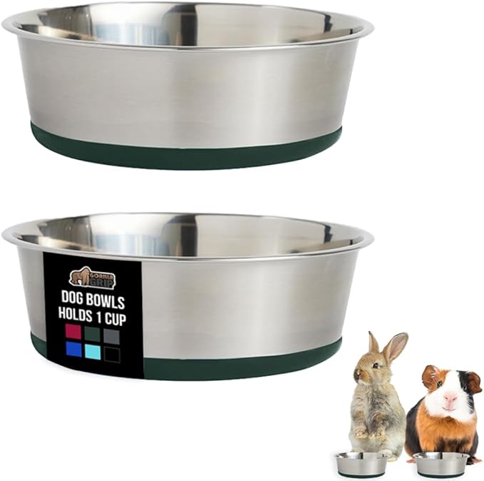 GORILLA GRIP Dog Bowls, Holds 1 Cup Each (8 fl oz), Heavy Duty Stainless Steel Food and Water Bowl for Feeding Dogs and Cats, Dishwasher Safe, Rust Resistant Metal BPA Free Rubber Base, Set of 2 Green