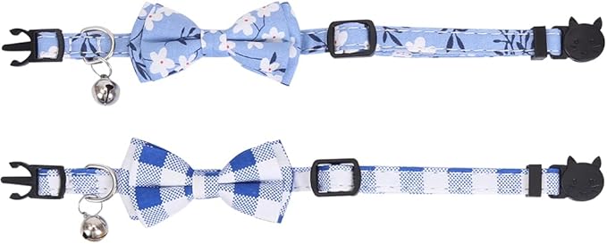 2 Pack/Set Cat Collar Breakaway with Cute Bow Tie and Bell Plaid Flower for Kitty Adjustable Safety