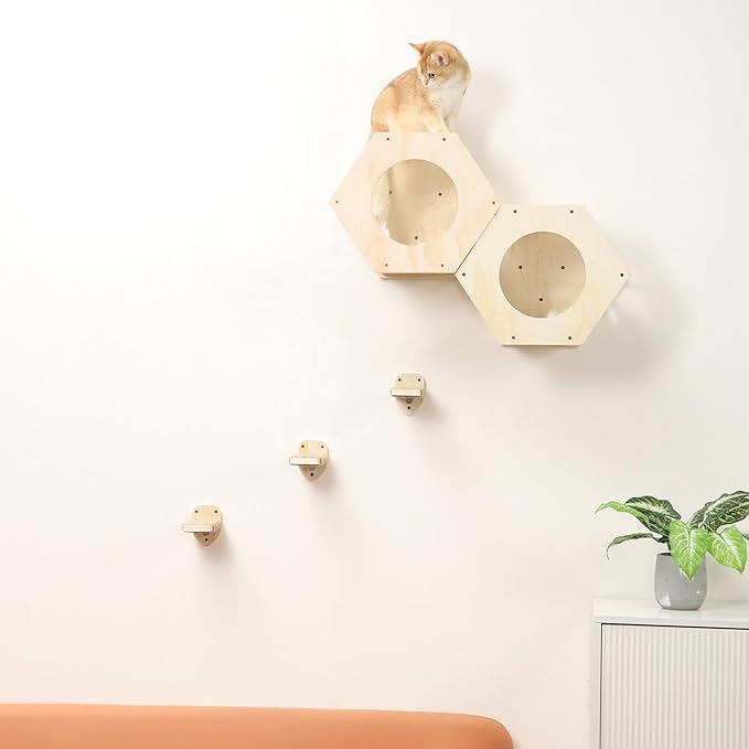 KATRIS Cat Shelves with 3 Steps Scratcher Post & Hammock, Wall Mounted Climbing Shelf for Indoor Cats (Wood)