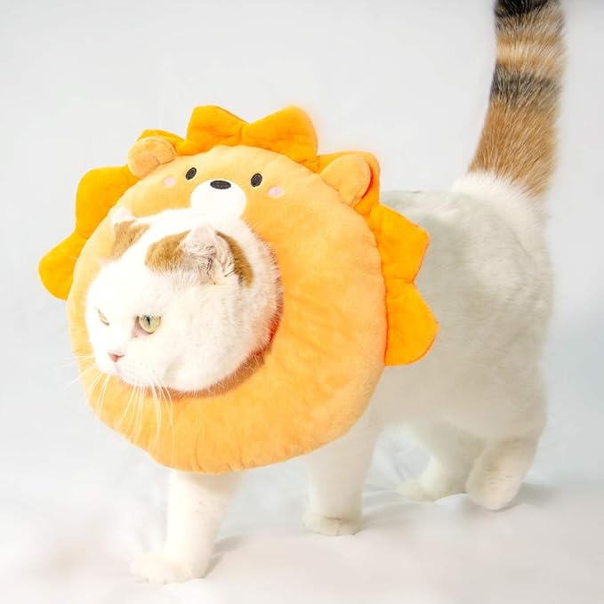 Adjustable Cat Recovery Collar Soft,Cute Pet E-Collar Neck Cone After Surgery Wound Healing Protective Cone Fit for Kitties, Small Dogs(ELC05-lion-s)