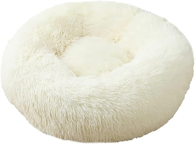 Calming Faux Fur Dog Beds Calming Donut Cuddler Dog Bed Washable Round Cat Bed Pillow Cuddler Fluffy Indoor Dog Calming Beds with Anti Slip Bottom Solid Color White 35 Inch